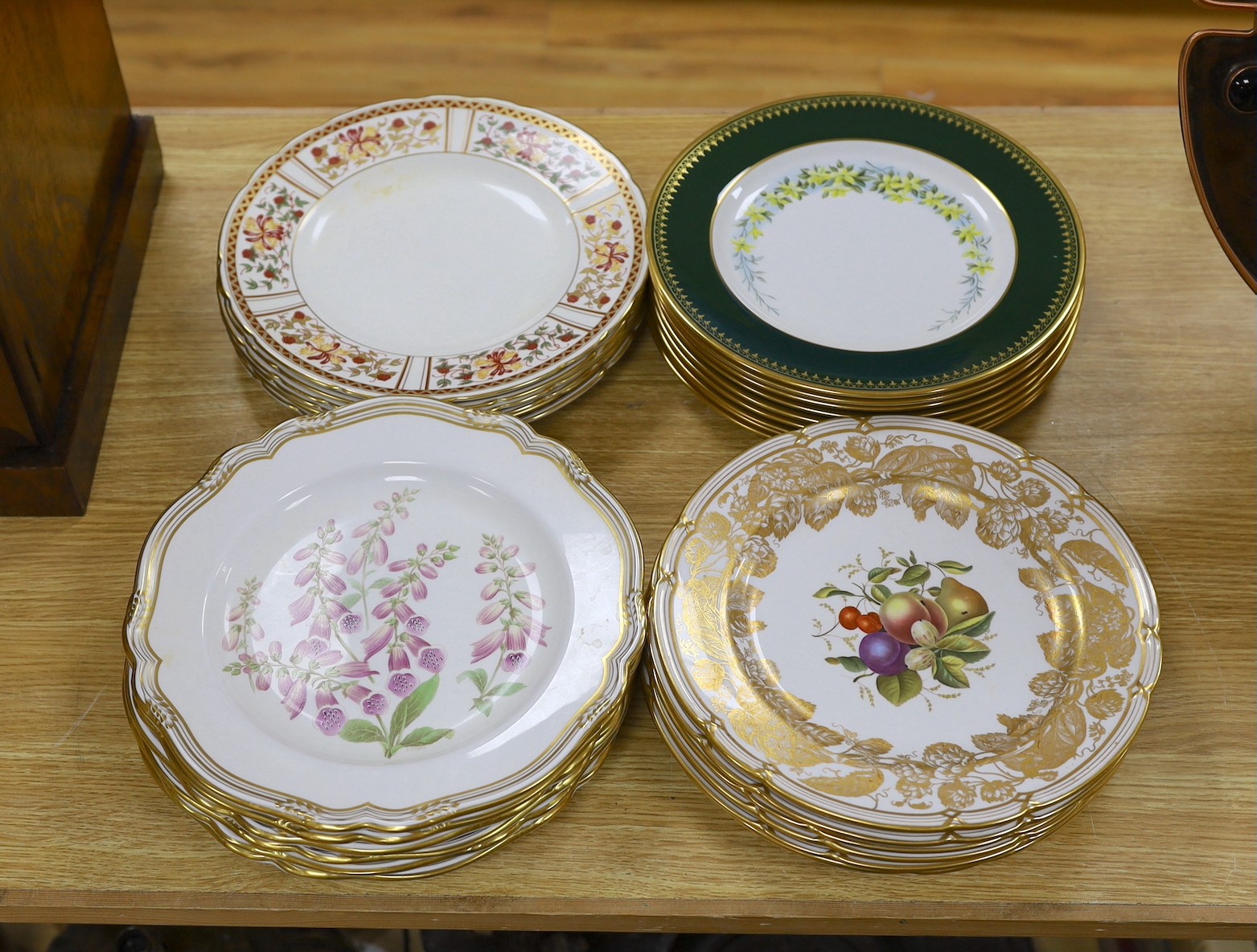 Six Spode fruit dishes, six floral Spode dishes, six Royal Crown Derby 